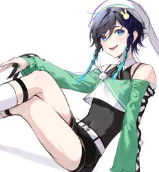  1boy animal_hat belt black_hair black_shorts blue_eyes blue_hair braid commentary genshin_impact gradient_hair hair_ornament hat highres kkopoli male_focus multicolored_hair off_shoulder open_mouth rabbit_hair_ornament rabbit_hat short_hair_with_long_locks shorts simple_background smile socks solo swept_bangs symbol-only_commentary twin_braids venti_(2nd_anniversary)_(genshin_impact) venti_(genshin_impact) white_background white_belt white_socks 