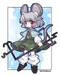  1girl animal_ear_fluff animal_ears black_dress black_footwear blue_capelet blush capelet closed_mouth commentary dress full_body grey_hair harunori_(hrnrx) highres jewelry long_sleeves mouse_ears mouse_tail nazrin pendant red_eyes shoes short_hair solo symbol-only_commentary tail touhou twitter_username 
