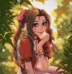  1girl absurdres aerith_gainsborough blurry blurry_background blush braid braided_ponytail brown_hair choker dress final_fantasy final_fantasy_vii final_fantasy_vii_remake flower_choker green_eyes hair_ribbon hand_to_own_mouth highres jacket long_hair looking_at_viewer outdoors parted_bangs pink_dress pink_ribbon red_jacket ribbon short_sleeves sidelocks signature single_braid solo upper_body wavy_hair xriviia 