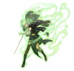  1girl aura black_coat boots breasts brooch clenched_teeth coat damaged enlightened_byleth_(female) fire_emblem fire_emblem:_three_houses fire_emblem_heroes fire_emblem_warriors:_three_hopes glowing green_eyes green_hair high_heel_boots high_heels holding holding_sword holding_weapon jewelry long_coat medium_breasts medium_hair midriff official_art one_eye_closed pantyhose possessed sword teeth weapon wrist_guards 