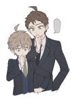  ... 2boys ahoge black_jacket black_necktie black_vest brown_hair cheeseko collared_shirt cropped_torso danganronpa:_trigger_happy_havoc danganronpa_(series) danganronpa_2:_goodbye_despair green_necktie grey_background grey_shirt hand_on_own_chin hinata_hajime jacket male_focus multiple_boys naegi_makoto necktie open_clothes open_jacket shirt short_hair simple_background speech_bubble thinking vest white_background 