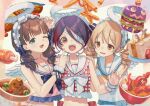  3girls :3 :d ;d angel_wings arm_support arm_up back_bow bare_arms bare_shoulders blonde_hair blouse blue_bow blue_eyes blue_hair blunt_bangs boned_meat bow bowl bowtie broccoli brown_eyes burger cherry_tomato claw_pose collarbone crop_top dark_blue_hair dot_nose drill_hair egg_(food) eyepatch fake_halo fake_wings fangs feathered_wings finger_to_another&#039;s_cheek finger_to_cheek fish food food-themed_background food_art french_fries frilled_hairband frilled_shirt frills fruit fur_halo furrowed_brow hair_between_eyes hair_bow hair_strand hairband halo hand_up hands_on_another&#039;s_shoulders hardboiled_egg hayasaka_mirei heart-shaped_food highres idolmaster idolmaster_cinderella_girls idolmaster_cinderella_girls_starlight_stage index_finger_raised ketchup light_brown_hair lolita_hairband long_hair looking_at_viewer low_twintails meat meisa midriff morikubo_nono multicolored_hair multiple_girls multiple_hair_bows nail_polish navel nervous_smile noodles one_eye_closed one_eye_covered open_mouth parted_lips pink_shirt plaid plaid_bow plaid_bowtie plaid_shirt purple_hair quad_tails ramen red_bow red_shirt ribbon sailor_collar sailor_shirt sakuma_mayu sandwich shirt side-by-side signature sleeveless sleeveless_shirt smile straight-on strawberry streaked_hair swept_bangs teeth tentacles tomato twintails under_the_desk_(idolmaster) upper_body upper_teeth_only v-shaped_eyebrows wavy_mouth white_bow white_bowtie white_hairband white_ribbon white_sailor_collar white_shirt white_wings wings wrist_cuffs 