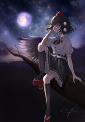  1girl bare_tree bird_wings black_hair black_skirt black_socks black_wings branch closed_mouth collared_shirt commentary_request frilled_skirt frills full_body full_moon geta hand_in_own_hair hat highres moon night night_sky outdoors pom_pom_(clothes) red_eyes red_footwear red_headwear shameimaru_aya shirt short_hair short_sleeves signature sitting skirt sky smile socks solo star_(sky) starry_sky tengu-geta tokin_hat touhou tree umeko_81 white_shirt wings 