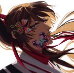  1girl brown_hair butterfly_on_face feenwege hair_ribbon high_ponytail highres jigokuraku long_hair looking_at_viewer red_ribbon ribbon robe simple_background solo white_background white_robe yamada_asaemon_sagiri 