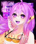  1girl blush colored_tongue drooling energy_drink goggles goggles_around_neck highres holding long_hair neon_lights non-web_source orange_goggles purple_hair purple_tongue smile tank_top violet_eyes vividly_vivi white_tank_top 