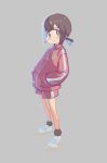  1girl bare_legs blue_hair brown_eyes brown_hair commentary full_body grey_background gustavo_schuler hands_in_pockets highres hozuki_momiji jacket light_blush long_sleeves looking_at_viewer multicolored_hair onii-chan_wa_oshimai! red_jacket red_shorts short_hair short_ponytail short_shorts shorts simple_background smile solo standing track_jacket two-tone_hair 