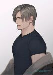  1boy artist_name blonde_hair blue_shirt closed_mouth facing_to_the_side jacket jacket_partially_removed leon_s._kennedy male_focus parted_bangs resident_evil resident_evil_4 resident_evil_4_(remake) sardine_(kjr0313) shirt short_hair short_sleeves signature solo t-shirt tight_clothes tight_shirt toned toned_male upper_body 