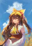  1girl ascot bare_shoulders bow brown_eyes brown_hair closed_mouth detached_sleeves hair_between_eyes hair_bow hair_tubes hakurei_reimu highres japanese_clothes long_hair nontraditional_miko red_bow ribbon-trimmed_sleeves ribbon_trim shibaxxu sidelocks solo touhou upper_body white_sleeves wide_sleeves yellow_ascot 