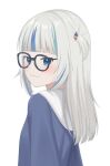  1girl :3 bespectacled black-framed_eyewear blue_eyes blue_hair blue_hoodie blunt_bangs closed_mouth commentary gawr_gura gawr_gura_(1st_costume) glasses grey_hair hair_ornament highres hololive hololive_english hood hoodie light_blush long_hair looking_at_viewer multicolored_hair nzmtarou one_side_up shark_hair_ornament sidelocks simple_background solo streaked_hair symbol-only_commentary turning_head upper_body virtual_youtuber white_background white_hood 