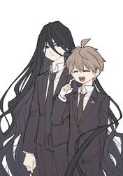  2boys :d ahoge arm_at_side arm_behind_back black_hair black_jacket black_necktie black_pants brown_hair cheeseko closed_eyes collared_shirt danganronpa_(series) danganronpa_3_(anime) formal green_necktie jacket kamukura_izuru long_hair long_sleeves looking_at_another male_focus multiple_boys naegi_makoto necktie open_clothes open_jacket pants red_eyes shirt simple_background smile suit teeth tongue upper_teeth_only very_long_hair white_background white_shirt 