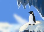  absurdres aerial_(aerial_30) bird blue_sky blurry blurry_background cave highres no_humans original painting_(medium) penguin sky snow sunlight traditional_media 