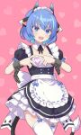  1girl animal_ears apron blue_eyes blue_hair breasts heart maid maid_apron open_mouth original short_hair tail thigh-highs ug_(nekonekodou) white_thighhighs 