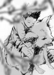  1boy almostghost animal bandaid bandaid_on_leg barefoot closed_eyes from_above full_body gon_freecss highres hunter_x_hunter jacket kon_(hunter_x_hunter) leaning_on_animal long_sleeves male_child male_focus monochrome outdoors shorts sleeping spiky_hair 