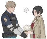  ! 1boy 1girl ada_wong artist_name black_choker black_gloves black_hair blonde_hair blue_shirt bouquet breasts bulletproof_vest choker collared_shirt commentary dress fingerless_gloves flower gloves holding holding_bouquet jacket jacket_on_shoulders leon_s._kennedy medium_breasts parted_bangs parted_lips police police_uniform red_dress resident_evil resident_evil_4 sardine_(kjr0313) shirt shirt_under_shirt short_hair signature smile spoken_exclamation_mark symbol-only_commentary uniform upper_body watch watch white_background white_flower white_shirt 