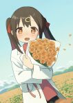  1girl :d absurdres black_hair bouquet brown_eyes chiken2525 commentary_request day field flower flower_field flower_request hair_ornament hairclip highres holding holding_bouquet lab_coat long_hair long_sleeves looking_at_viewer multicolored_hair onii-chan_wa_oshimai! open_mouth outdoors oyama_mihari partial_commentary petals purple_hair red_shirt shirt smile solo twintails two-tone_hair 