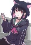  1girl animal_ears black_choker black_hair black_jacket blue_archive cat_ears cat_girl cellphone choker colored_inner_hair cowboy_shot generic_33 hair_ornament hairclip hand_up highres holding holding_phone jacket kazusa_(blue_archive) long_sleeves looking_at_viewer multicolored_hair phone pink_hair red_eyes short_hair sitting skirt smartphone smile solo white_background white_skirt 