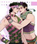  2boys battle_tendency belt blue_scarf collar crop_top family fingerless_gloves gloves grandfather_and_grandson green_eyes green_hair green_lips headband highres jojo_no_kimyou_na_bouken jonathan_joestar joseph_joestar joseph_joestar_(young) male_focus midriff multicolored_clothes multicolored_scarf multiple_belts multiple_boys official_alternate_costume phantom_blood purple_lips scarf shirt spadelake striped striped_scarf striped_shirt triangle_print vertical-striped_scarf vertical_stripes violet_eyes watch watch wing_collar yellow_scarf 