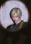  1boy absurdres blonde_hair blood blood_on_face blue_eyes curtained_hair frown highres holster kenny_(poe90) leon_s._kennedy looking_at_viewer male_focus parted_lips resident_evil resident_evil_4 resident_evil_4_(remake) shadow shirt short_hair shoulder_holster simple_background solo spotlight t-shirt tight_clothes tight_shirt tile_wall tiles upper_body 