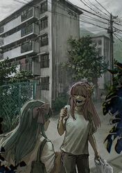  2girls apartment bag blurry blurry_foreground bow chain-link_fence closed_eyes commentary_request denim facing_another fence hair_bow hand_up highres holding holding_bag jeans kotonoha_akane kotonoha_aoi long_hair mountainous_horizon multiple_girls muted_color open_mouth outdoors overcast pants pink_bow pink_hair plastic_bag power_lines saba_ichimi shirt shopping_bag short_sleeves siblings sidelocks sisters sky smile t-shirt tree utility_pole voiceroid white_shirt yellow_bow 