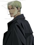  1boy artist_name black_coat chainsaw_man cigarette coat curtained_hair ear_piercing facial_hair feenwege grey_hair highres kishibe_(chainsaw_man) looking_at_viewer piercing short_hair sideways_glance simple_background smoking solo stitched_face stitched_mouth stitches stubble undercut white_background 
