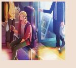  blonde_hair cafe can cardigan carrying_bag given green_pants guitar_case head_out_of_frame highres instrument_case lerche_(studio) looking_at_viewer male_focus nakayama_haruki official_art oosawa_mina opening_door pants ponytail red_cardigan shirt sitting solo_focus white_shirt 