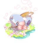  :&gt; aqua_eyes bright_pupils closed_mouth commentary_request falling_petals flower grass highres holding holding_flower kuroiro_otento looking_at_viewer no_humans petals pink_flower pokemon pokemon_(creature) ripples sitting smile sobble solo tulip water white_pupils 
