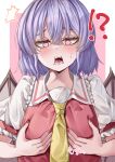  !? 1girl absurdres border breast_hold breasts cosplay highres jacket maboroshi_mochi necktie open_mouth pink_background purple_hair red_eyes red_jacket red_nails remilia_scarlet remilia_scarlet_(cosplay) shirt short_hair solo sweatdrop touhou white_border white_shirt yellow_necktie 