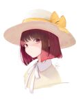  1girl absurdres arima_kana bob_cut bow closed_mouth hat hat_bow highres kisaragi_yaya oshi_no_ko red_eyes redhead ribbon shaded_face short_hair signature simple_background solo sun_hat upper_body white_background white_ribbon yellow_bow yellow_ribbon 