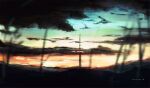  aerial_(aerial_30) blue_sky clouds cloudy_sky dated grass highres no_humans orange_sky original painting_(medium) sky sunlight tower traditional_media transmission_tower 