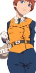  1girl aoi_nori_(aoicoblue) belt blue_eyes brown_hair closed_mouth gloves holding izumi_noa kidou_keisatsu_patlabor necktie police shirt short_hair simple_background solo uniform vest white_background 