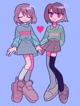  2others androgynous arm_behind_back artist_request black_thighhighs blue_background blue_skirt blue_sweater brown_footwear brown_hair brown_skirt chara_(undertale) check_translation closed_eyes commentary frisk_(undertale) green_shirt heart highres holding_hands kneehighs long_sleeves looking_up mejiro_(mejiro3333) multicolored_clothes multicolored_legwear multiple_others parted_hair pixel_heart pleated_skirt red_eyes shirt shoes short_hair simple_background skirt smile socks striped striped_shirt striped_sweater sweater swept_bangs thigh-highs translation_request undertale white_socks white_thighhighs 