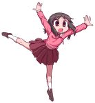  1girl arms_up azumanga_daioh azumanga_daioh&#039;s_school_uniform brown_eyes brown_footwear brown_hair commentary_request floating_hair full_body hair_over_shoulder jumping kasuga_ayumu korean_commentary leg_up loafers long_sleeves looking_at_viewer medium_hair midriff_peek neck_ribbon open_mouth outstretched_arms pink_shirt pleated_skirt red_ribbon red_skirt ribbon sailor_collar school_uniform serafuku shirt shoes shouting simple_background sketch skirt solo spread_arms surprised tekaaluk white_background white_sailor_collar wide-eyed 