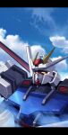  blue_sky close-up clouds cloudy_sky commentary day english_commentary g.yamamoto gundam gundam_seed highres letterboxed looking_up mecha mobile_suit no_humans outdoors robot science_fiction sky solo strike_gundam v-fin yellow_eyes 