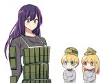 1boy 2girls apron body_armor brother_and_sister camouflage chibi comedy commentary crossed_arms english_commentary era_bricks_(meme) helmet highres hinghoi hoshino_ai_(oshi_no_ko) hoshino_aquamarine hoshino_ruby long_hair meme mother_and_daughter mother_and_son multiple_girls oshi_no_ko purple_hair reactive_armor siblings star-shaped_pupils star_(symbol) star_in_eye sweater symbol-shaped_pupils symbol_in_eye upper_body violet_eyes woodland_camouflage