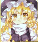  1girl blonde_hair blush braid closed_mouth commentary_request hair_between_eyes hair_ribbon hat highres kirisame_marisa long_hair looking_at_viewer mimi_(mimi_puru) ribbon shikishi simple_background solo split_mouth straight-on touhou traditional_media tress_ribbon turtleneck upper_body witch_hat yellow_eyes 