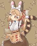  1girl animal_ears apron belt bow bowtie brown_eyes brown_hair cat_ears cat_girl cat_tail cup extra_ears highres hrk_takeiteasy kemono_friends kemono_friends_v_project large-spotted_genet_(kemono_friends) long_hair looking_at_viewer maid_apron maid_headdress microphone ribbon shirt skirt solo suspenders tail teacup twintails virtual_youtuber 