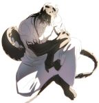  1boy black_tail closed_mouth collarbone copyright_request demon_horns highres horns jjeobjjeobdogta_(wjqwjqehrxk) long_hair long_tail male_focus muscular muscular_male pants pectorals simple_background solo squatting tail white_background white_pants 
