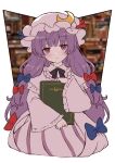  1girl ahase_hino blue_bow blurry blurry_background book bow closed_eyes closed_mouth commentary_request crescent crescent_pin hair_bow highres holding holding_book long_hair long_sleeves looking_at_viewer patchouli_knowledge purple_hair purple_headwear red_bow solo touhou violet_eyes 