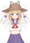  1girl :d absurdres alternate_costume blonde_hair blue_eyes blush cowboy_shot double_v emphasis_lines flat_chest frilled_shirt_collar frills gaden19 hands_up happy hat highres long_hair long_sleeves looking_at_viewer midriff moriya_suwako navel neckerchief open_mouth petite pleated_skirt purple_skirt red_neckerchief shirt simple_background skirt smile solo straight-on touhou v white_background white_shirt 