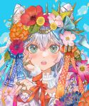 1girl absurdres blue_background blue_bow blue_eyes bow cherry_blossoms choker cone_hair_bun double_bun english_commentary flower frilled_choker frills hair_bow hair_bun hair_flower hair_ornament hair_ribbon hand_on_own_cheek hand_on_own_face hands_up highres jewelry light_blush long_sleeves looking_at_viewer mixed-language_commentary multiple_rings nail_polish open_mouth orange_flower original ornate_ring pink_flower pinky_ring portrait purple_nails red_flower red_ribbon ribbon ring seigaiha signature solo straight-on teeth upper_teeth_only wedding_ring white_choker white_hair yuyuharu_1027 