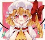  1girl :d ascot blonde_hair blush border bow crystal ear_blush fang flandre_scarlet hands_on_own_face happy hat hat_bow looking_at_viewer marker_(medium) medium_hair mob_cap one_side_up open_mouth outside_border pink_background puffy_short_sleeves puffy_sleeves red_bow red_eyes short_sleeves simple_background skin_fang smile solo tareme touhou traditional_media white_border wings yellow_ascot yuuki_hana_(jtnp5334) 