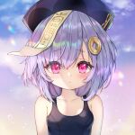  1girl alternate_costume blurry blush clouds cloudy_sky coin_hair_ornament collarbone commentary_request depth_of_field genshin_impact hair_between_eyes hair_ornament hat jiangshi long_hair looking_at_viewer ofuda outdoors portrait purple_hair qing_guanmao qiqi_(genshin_impact) school_swimsuit sidelocks sky sleeveless solo swimsuit twilight violet_eyes yutian_alice 