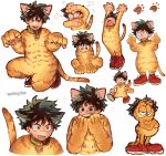  &gt;_&lt; 1boy :d =3 absurdres angry animal_ear_fluff animal_ears animal_hands arm_over_head arm_up arms_up bell between_legs black_eyes bloodshot_eyes blush blush_stickers boku_no_hero_academia bright_pupils cat_ears cat_paws cat_stretch cat_tail claws clenched_teeth collar commentary constricted_pupils cosplay costume covering_face cropped_torso cross-laced_footwear crossed_arms curly_hair dilated_pupils dot_nose double_middle_finger drooping embarrassed excited fang flying_sweatdrops freckles garfield garfield_(character) green_eyes green_hair hand_between_legs hand_to_own_mouth hand_up hands_up happy head_down highres jingle_bell kigurumi looking_ahead looking_away looking_down male_focus middle_finger midoriya_izuku midoriya_izuku_(cosplay) multiple_views neck_bell no_nose official_alternate_costume open_mouth paw_pose paw_print red_footwear round_teeth shoe_soles shoes short_eyebrows short_hair simple_background single_horizontal_stripe slit_pupils smile sneakers squatting standing stretching tabby_cat tail teeth upper_body v-shaped_eyebrows walking white_background white_pupils wide-eyed yenny_(yennyinc) 