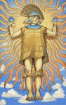  1boy barefoot blonde_hair blue_sky bob_cut clouds cloudy_sky gold gold_skin headdress highres holding incan incan_mythology inti mossacannibalis pale_skin robe short_hair sky sun 