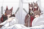  &gt;o&lt; 5girls =_= absurdres akagi-chan_(azur_lane) akagi_(azur_lane) amagi-chan_(azur_lane) amagi_(azur_lane) animal_ears azur_lane bell black_kimono blush brown_hair dual_wielding ears_down eyeshadow facing_viewer fighting flower fox_ears fox_girl fox_tail from_behind hair_bell hair_between_eyes hair_flower hair_ornament hand_on_own_head hands_up happy highres holding holding_sword holding_weapon indoors injury japanese_clothes kaga_(azur_lane) kimono kitsune long_hair looking_at_another makeup multiple_girls multiple_tails open_mouth orange_eyes outstretched_arms playing print_kimono red_eyes red_eyeshadow red_kimono samip smile surprised sword tail very_long_hair violet_eyes weapon white_hair white_kimono wide_sleeves 