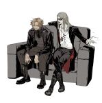  2boys black_jacket black_nails black_necktie black_pants blonde_hair boots cigarette command_spell couch crossed_legs daybit_sem_void fate/grand_order fate_(series) flapper_shirt highres holding holding_cigarette jacket jewelry long_hair long_sleeves looking_at_another male_focus medallion midriff midriff_peek multiple_boys necklace necktie on_couch open_clothes open_jacket orange-tinted_eyewear pants riku_gotaro shirt short_hair simple_background sitting smoke sunglasses talking tezcatlipoca_(fate) tinted_eyewear trench_coat white_background white_shirt 