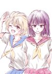  2girls blonde_hair blush hasebe_kazumi highres koseir18 kunio-kun_series looking_at_viewer multiple_girls one_eye_closed purple_hair school_uniform shimada_mami short_hair simple_background smile violet_eyes white_background yellow_eyes 