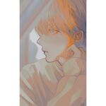  1boy bishounen blonde_hair blue_eyes closed_mouth cognacbear expressionless hand_on_own_chin highres long_sleeves looking_to_the_side male_focus mirror original portrait reflection_focus solo sweater white_sweater 