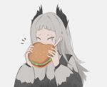  1girl arknights burger eating food food_on_face forehead grey_hair head_wings holding holding_food irene_(arknights) jewelry long_hair long_sleeves pov scar scar_across_eye scar_on_face wawamachi_(wawamachis) wide-eyed wings 