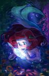  1girl absurdres air_bubble ariel_(disney) artcrawl blue_eyes blush bottle bubble glowing highres holding holding_bottle jewelry long_hair mermaid monster_girl open_mouth redhead ring solo teeth the_little_mermaid underwater 